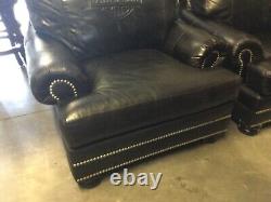2 Harley-Davidson Embossed Bar & Shield Black Leather Club Chairs withOttomans