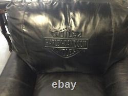 2 Harley-Davidson Embossed Bar & Shield Black Leather Club Chairs withOttomans