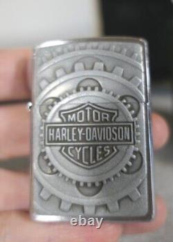 2002 Pewter Harley Davidson Bar & Shield Gears Zippo Lighter w Box, Leather Case