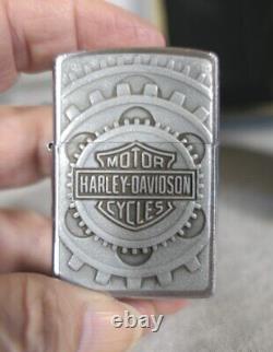 2002 Pewter Harley Davidson Bar & Shield Gears Zippo Lighter w Box, Leather Case