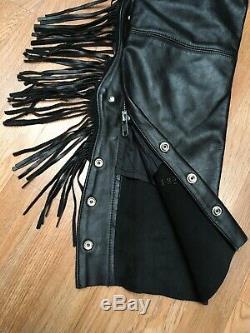 HARLEY DAVIDSON BLACK LEATHER FRINGED CHAPS Silver Bar And Shield CONCHO USA M