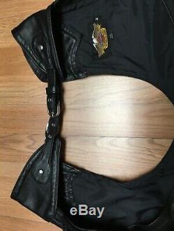 HARLEY DAVIDSON BLACK LEATHER FRINGED CHAPS Silver Bar And Shield CONCHO USA M