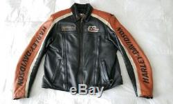 HARLEY DAVIDSON Mens Bar & Shield Embroidered Leather Jacket Orange LARGE