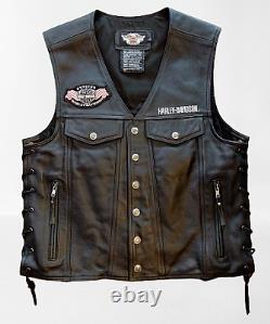 HARLEY DAVIDSON Piston Black Genuine Leather Riding Vest Bar/Shield Snap Large