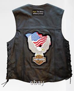 HARLEY DAVIDSON Piston Black Genuine Leather Riding Vest Bar/Shield Snap Large
