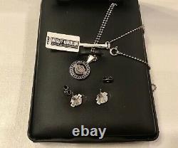 HARLEY DAVIDSON Sterling Silver Crystal Bar & Shield Necklace & Earrings in Box
