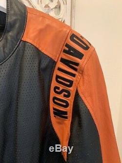 Harley Black & Orange Perforated Leather Jacket Bar & Shield XL Very Good Cond
