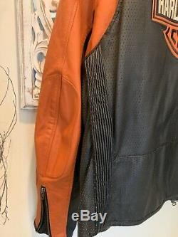 Harley Black & Orange Perforated Leather Jacket Bar & Shield XL Very Good Cond