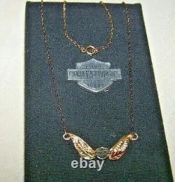 Harley Davidson 10k Yellow Gold Stamper Bar & Shield Wings Necklace Boxed