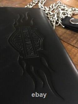 Harley Davidson Bar Shield Flamming Large Tifold Black Leather Wallet Chain