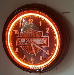 Harley-Davidson Bar & Shield Neon Clock-Black With Orange Neon Ring-12 Diam