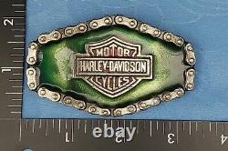 Harley Davidson Belt Buckle Vtg 1976 Bar & Shield With Green Enamel & Chain Rim