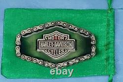 Harley Davidson Belt Buckle Vtg 1976 Bar & Shield With Green Enamel & Chain Rim