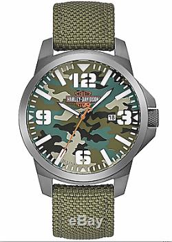 Harley Davidson Bulova 78B157 Green Camo Bar & Shield Men's Watch Box & Papers