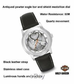 Harley Davidson Eagle Bar & Shield Watch Leather Strap Stainless Steel Bulova