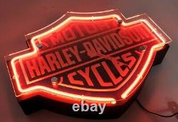 Harley Davidson Etched Bar & Shield Shaped Neon Light Clock Garage Shop Man Cave