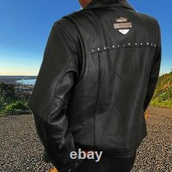 Harley Davidson Heavy Black Leather Riding Jacket Coat Bar Shield Women sz med