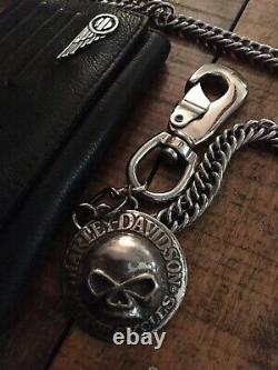 Harley Davidson Large Trifold Black Trucker Wallet Chain Bar & Shield Wing Skull