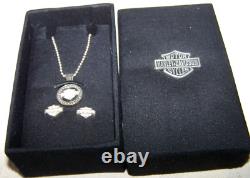 Harley Davidson MOD 925 Crystal Bar & Shield 18 Necklace & Earring Set Boxed