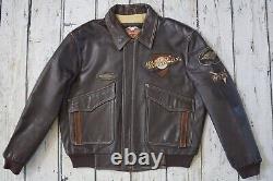 Harley Davidson Men Vintage Brown Leather Bomber Jacket Winged Bar&Shield L Rare