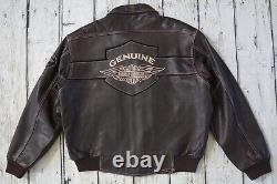 Harley Davidson Men Vintage Brown Leather Bomber Jacket Winged Bar&Shield L Rare