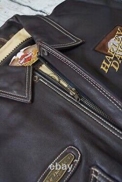 Harley Davidson Men Vintage Brown Leather Bomber Jacket Winged Bar&Shield L Rare