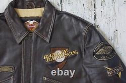 Harley Davidson Men Vintage Brown Leather Bomber Jacket Winged Bar&Shield L Rare