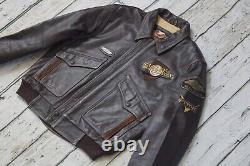 Harley Davidson Men Vintage Brown Leather Bomber Jacket Winged Bar&Shield L Rare