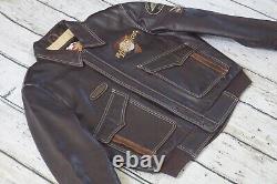 Harley Davidson Men Vintage Brown Leather Bomber Jacket Winged Bar&Shield L Rare