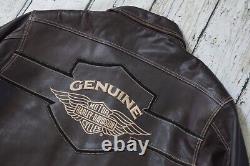 Harley Davidson Men Vintage Brown Leather Bomber Jacket Winged Bar&Shield L Rare