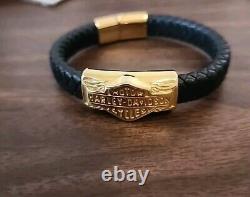 Harley-Davidson Men's Leather Gold Bar & Shield Rope Bracelet, Black