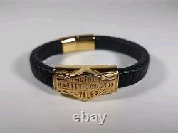 Harley-Davidson Men's Leather Gold Bar & Shield Rope Bracelet, Black