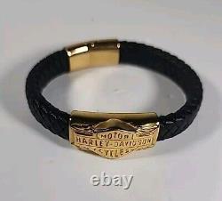 Harley-Davidson Men's Leather Gold Bar & Shield Rope Bracelet, Black