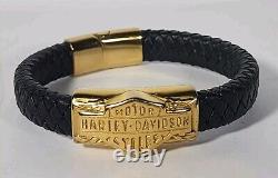 Harley-Davidson Men's Leather Gold Bar & Shield Rope Bracelet, Black