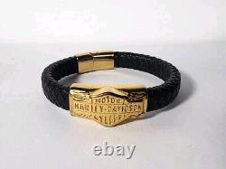 Harley-Davidson Men's Leather Gold Bar & Shield Rope Bracelet, Black