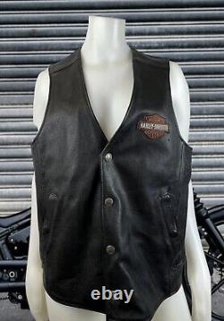 Harley Davidson Mens Biker Vest Size Large Black Leather Bar Shield Snap Grunge