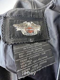 Harley Davidson Mens Biker Vest Size Large Black Leather Bar Shield Snap Grunge