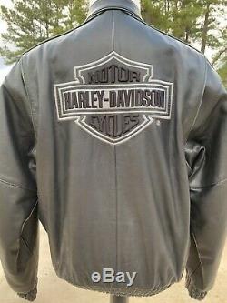 Harley Davidson Mens Black Leather Bomber Jacket Medium Bar & Shield