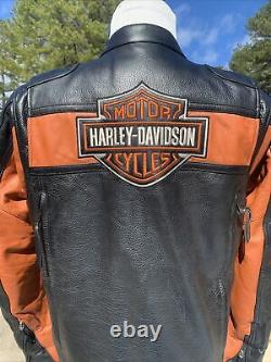 Harley Davidson Mens Classic Black & Orange Leather Jacket Medium Bar & Shield