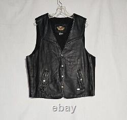 Harley Davidson Mens Vest Large Black Leather Skin Rider Bar Shield Snap Vintage