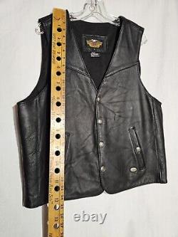 Harley Davidson Mens Vest Large Black Leather Skin Rider Bar Shield Snap Vintage