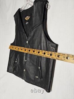 Harley Davidson Mens Vest Large Black Leather Skin Rider Bar Shield Snap Vintage