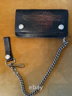 Harley Davidson Motorcycles Bar Shield Logo Black Leather Wallet Chain Vintage