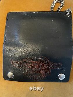 Harley Davidson Motorcycles Bar Shield Logo Black Leather Wallet Chain Vintage