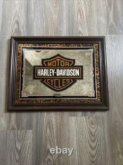 Harley Davidson Motorcycles Wall Mirror Bar Shield Wood Framed 19x15 Vintage