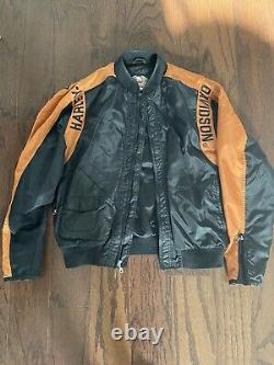 Harley Davidson Racing Jacket Black Orange Bar & Shield Nylon Bomber Motto L