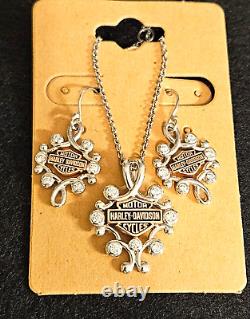 Harley-Davidson Rhinestone Filigree Bar & Shield Drop Necklace & Earring Set