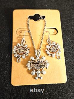 Harley-Davidson Rhinestone Filigree Bar & Shield Drop Necklace & Earring Set