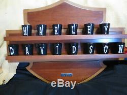 Harley Davidson Shot Glasses Bone Font & Wooden Bar & Shield Display Case RARE