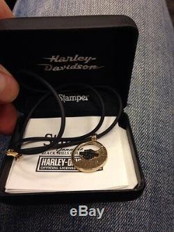 Harley-Davidson Stamper Jewelry 10k Gold Bar & Shield on black rubber Necklace